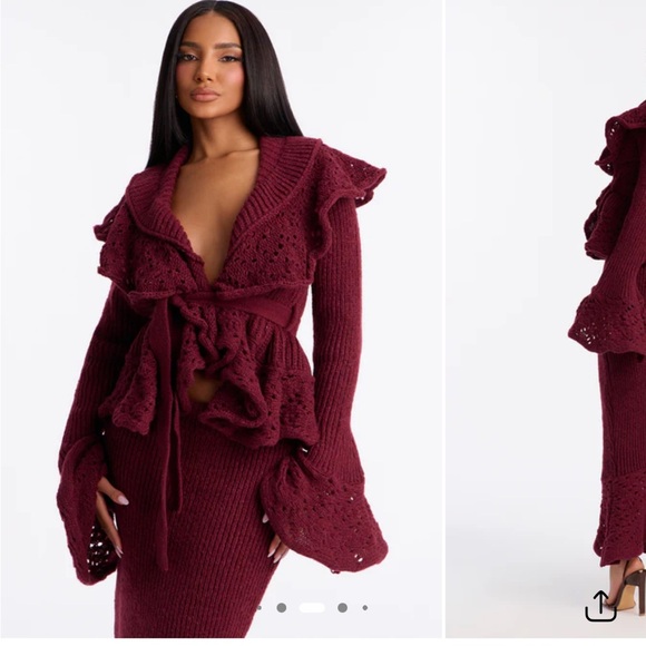 Martie Ruffle Sweater Maxi Skirt Set - Burgundy - Picture 2 of 4